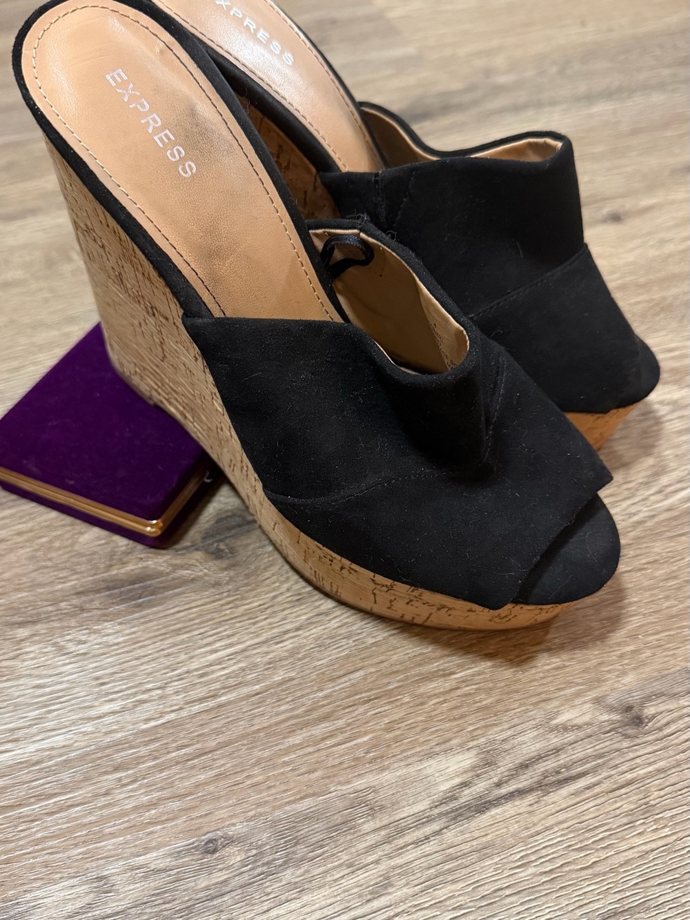 Express Black Suede Cork Platform Wedges